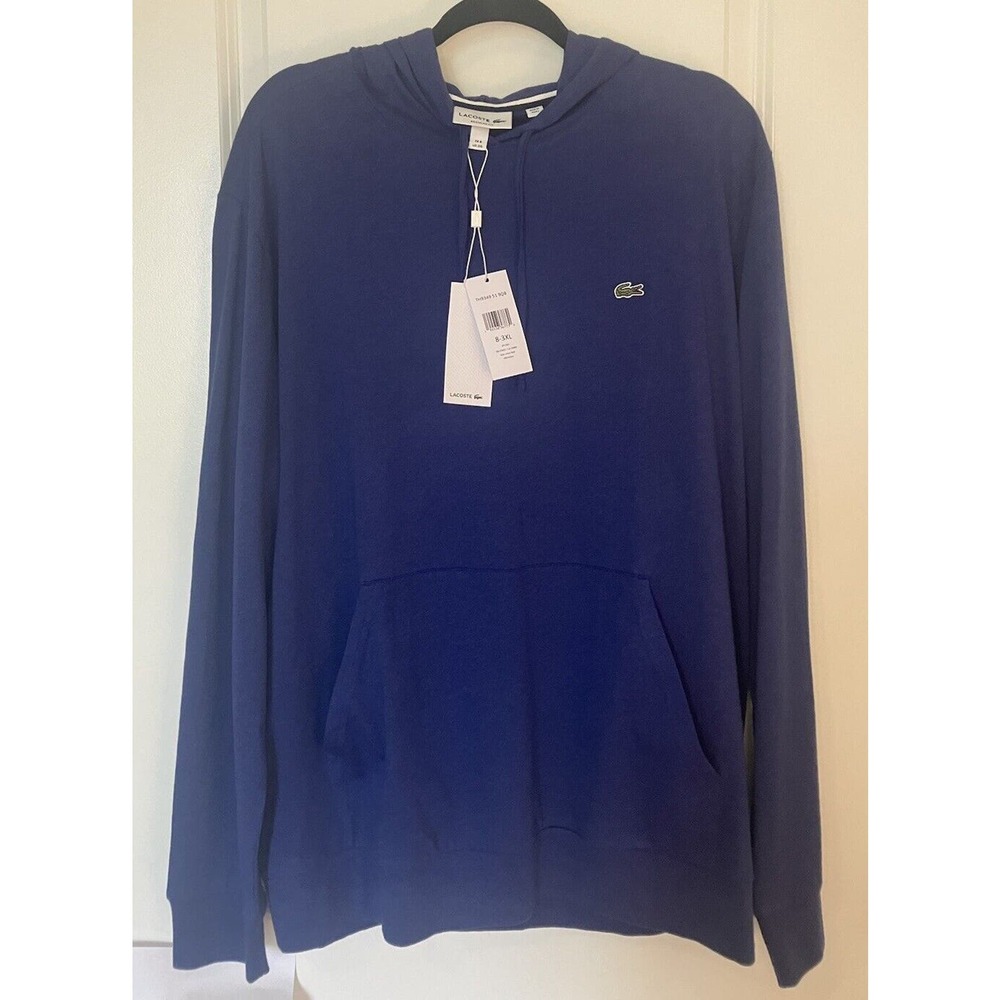 MENS LACOSTE ROYAL BLUE LONG SLEEVE HOODIE JERSEY PULLOVER TEESHIRT, LIGHTWEIGHT